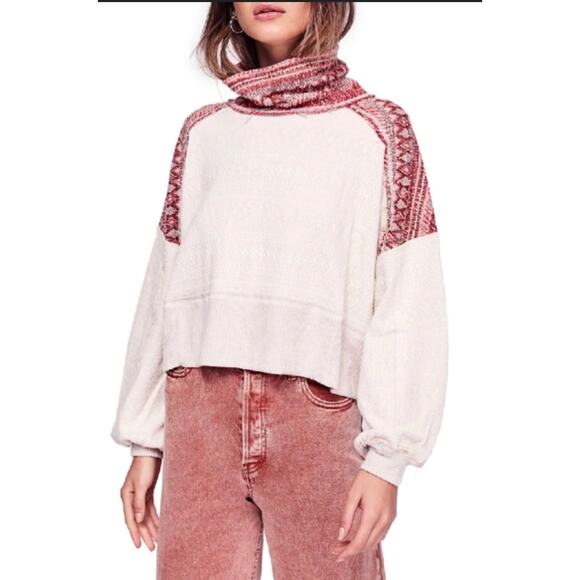 We The Free Free People Crop Sweater Fair Isle Cozy Cream Red Womens size Large - Picture 1 of 9